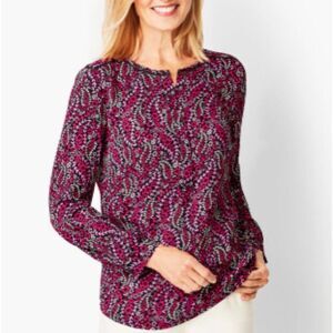 Talbots Bracelet Sleeve Print Top Womens Large Long Sleeve Black Pink Blouse